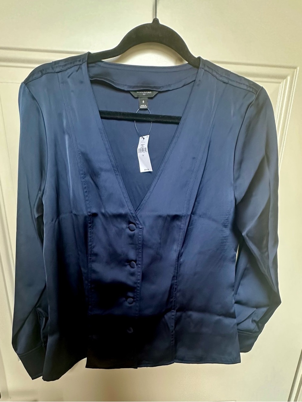 Banana Republic Deep Navy Satin V-Neck Button Blouse